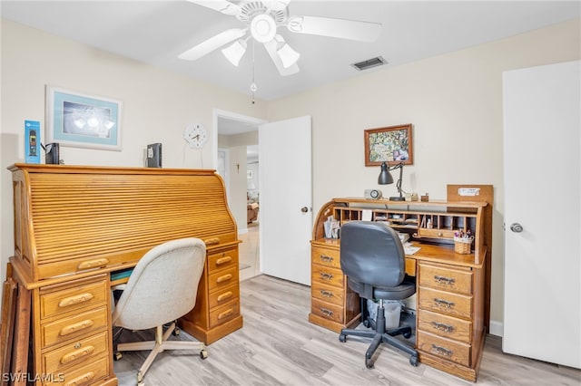 home office featuring light wood-type flooring and ceiling fan