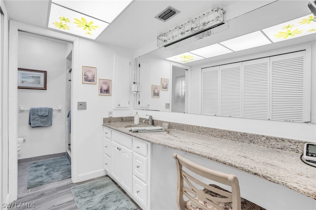 bathroom featuring oversized vanity and wood-type flooring