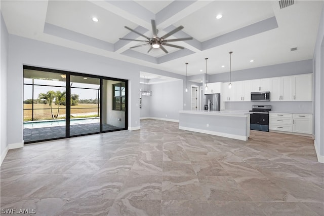 unfurnished living room with ceiling fan, beamed ceiling, light tile floors, coffered ceiling, and sink