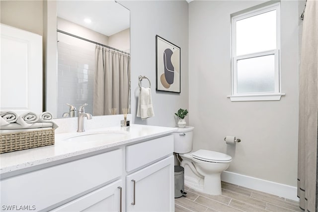 bathroom with a shower with shower curtain, vanity, toilet, and wood-type flooring