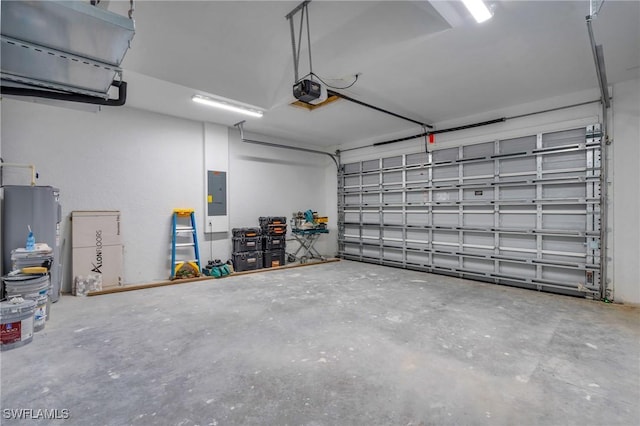 garage with electric panel, electric water heater, and a garage door opener