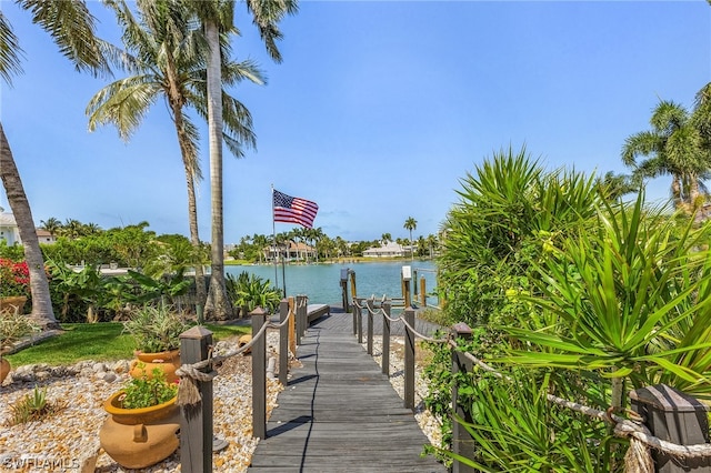 view of nearby features featuring a water view and a dock