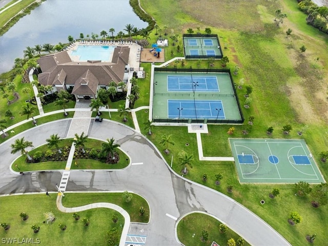 drone / aerial view featuring a water view