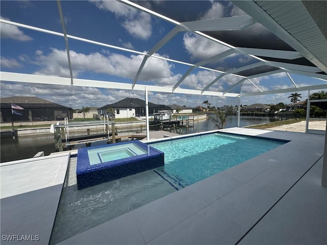 view of pool with an in ground hot tub, a lanai, a boat dock, a water view, and a patio area