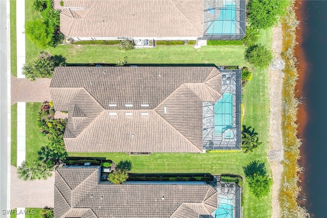 aerial view featuring a water view