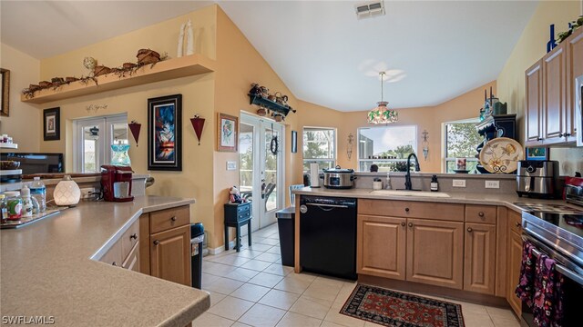 kitchen with lofted ceiling, french doors, black dishwasher, sink, and stainless steel electric range oven