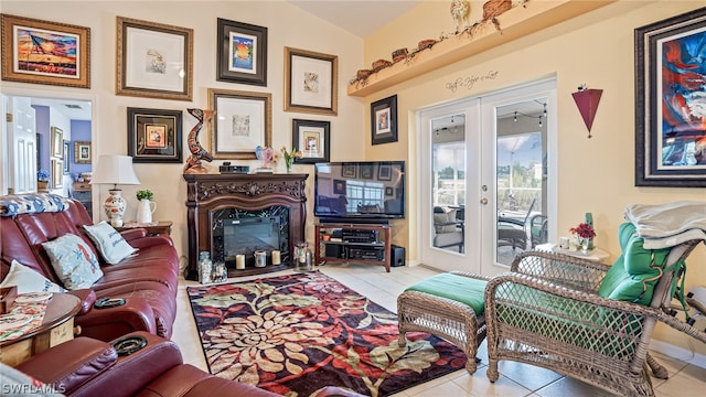 tiled living room featuring french doors and lofted ceiling