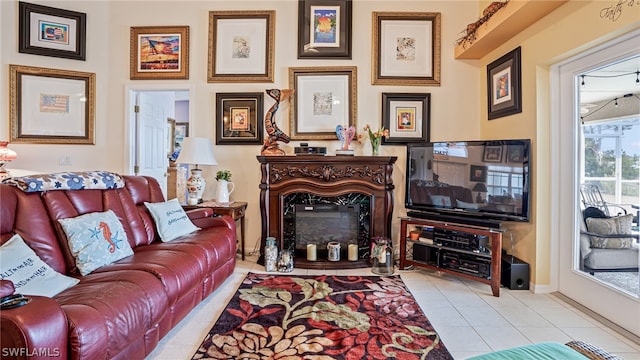 living room with light tile patterned floors