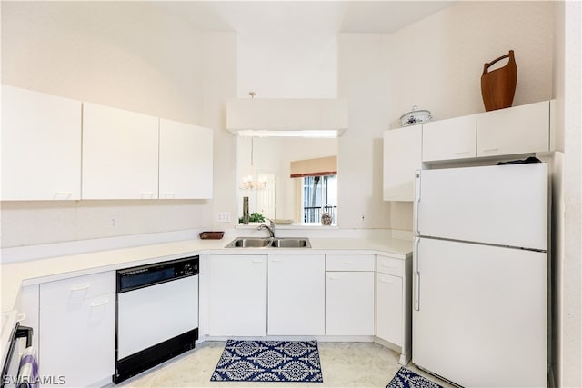 kitchen featuring sink, white cabinetry, white appliances, and light tile floors