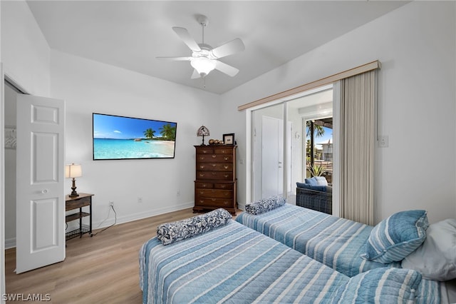 bedroom with a closet, ceiling fan, and light hardwood / wood-style flooring