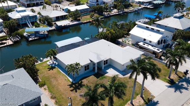 bird's eye view with a water view