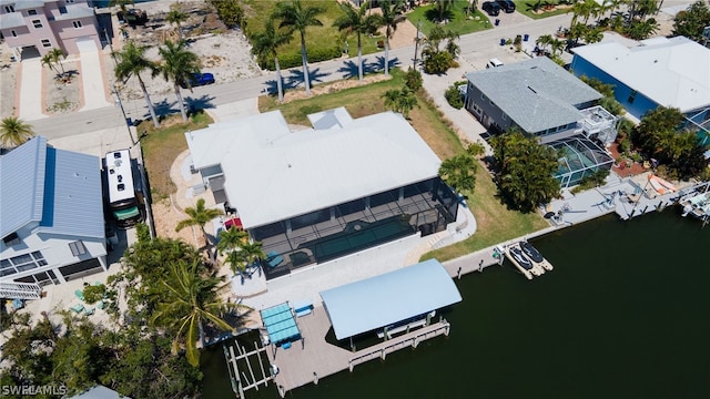 drone / aerial view with a water view