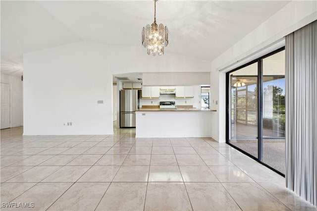 unfurnished living room featuring light tile patterned floors, an inviting chandelier, and lofted ceiling