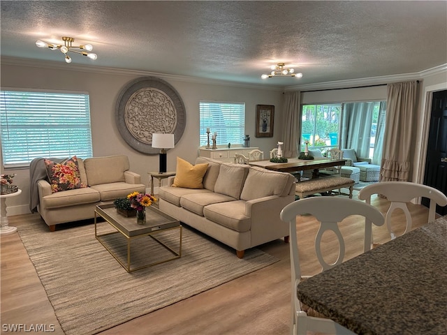 living room featuring ornamental molding, light wood-type flooring, and a textured ceiling