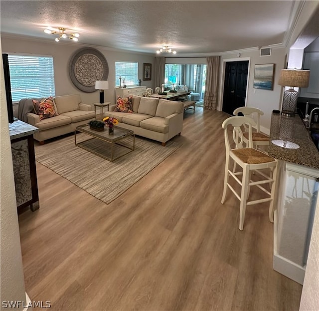 living room with a textured ceiling, hardwood / wood-style flooring, and a healthy amount of sunlight