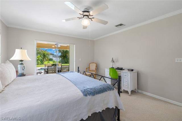 carpeted bedroom with access to outside, ornamental molding, and ceiling fan