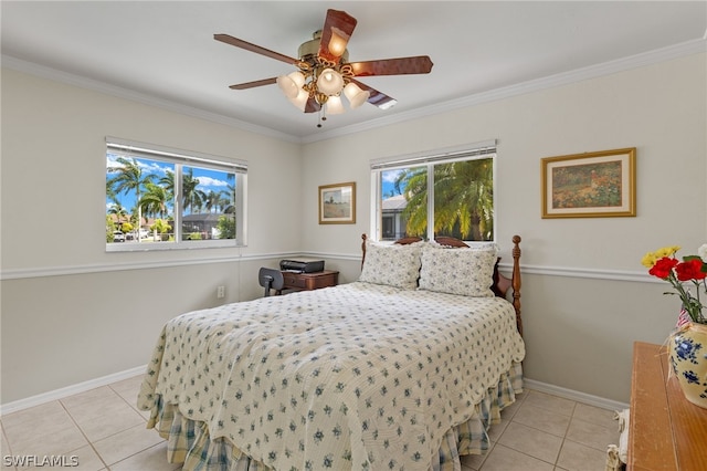 bedroom featuring multiple windows, crown molding, and light tile floors