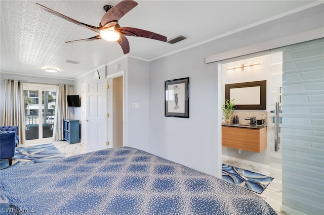 bedroom with a ceiling fan, access to outside, visible vents, and crown molding