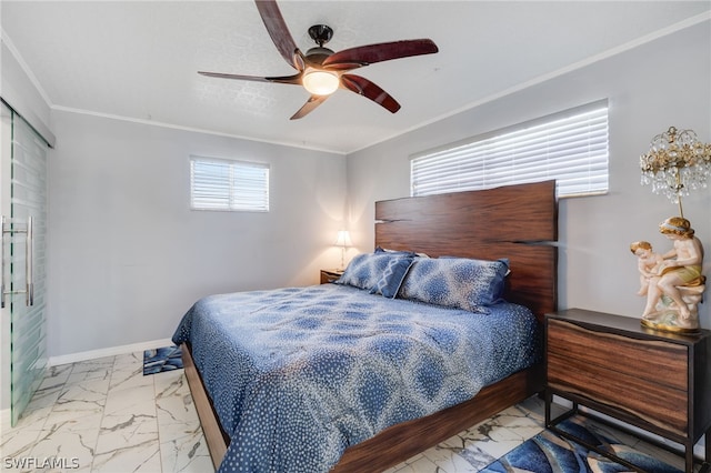 bedroom with baseboards, marble finish floor, a ceiling fan, and crown molding