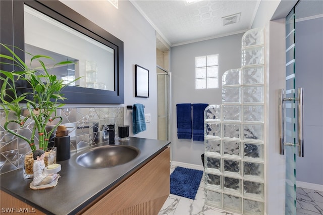 full bathroom with a walk in shower, visible vents, marble finish floor, ornamental molding, and decorative backsplash