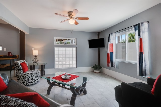 living room featuring ceiling fan