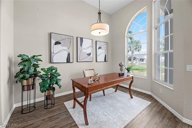 office with dark hardwood / wood-style flooring