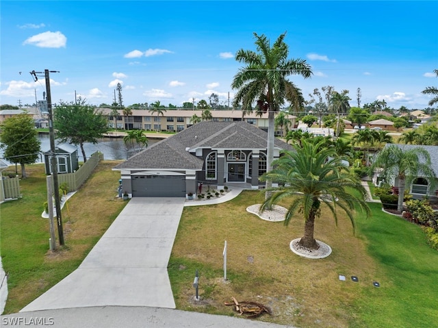 view of front of home featuring a front lawn, a water view, and a garage