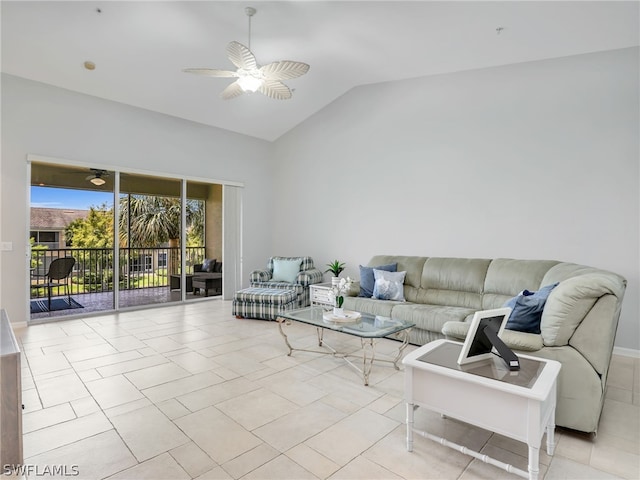 tiled living room with ceiling fan and vaulted ceiling