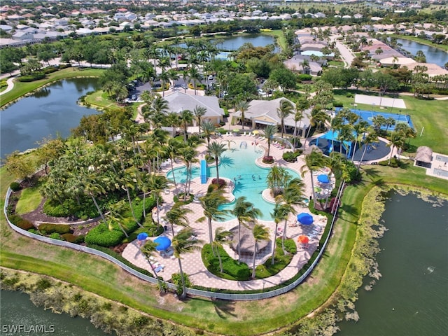 birds eye view of property featuring a water view