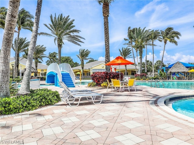 view of swimming pool with a patio