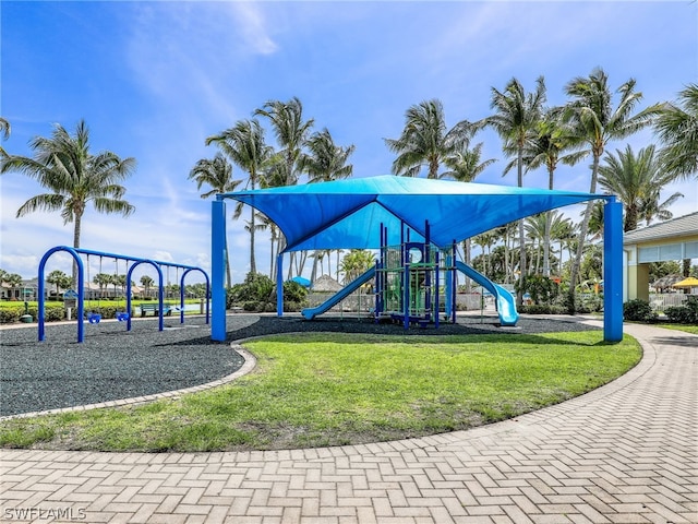 view of play area featuring a lawn