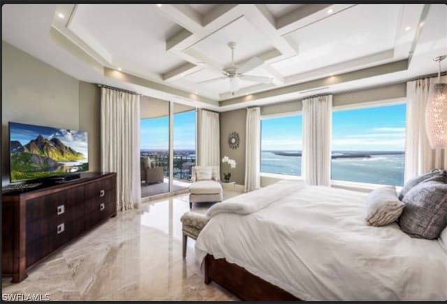 bedroom with a water view, access to exterior, coffered ceiling, ceiling fan, and light tile floors