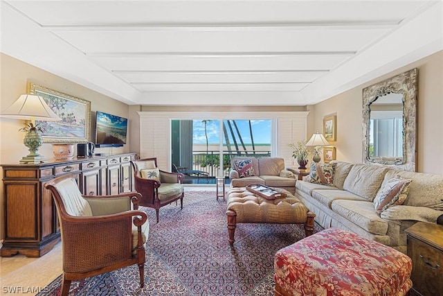 living room featuring beam ceiling