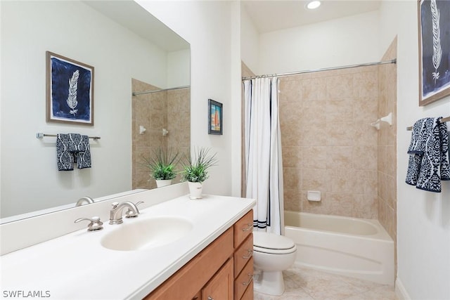 full bathroom with tile patterned flooring, vanity, shower / bath combination with curtain, and toilet