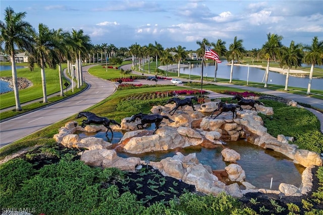 view of community featuring a water view and a lawn