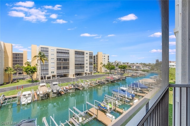 water view featuring a dock