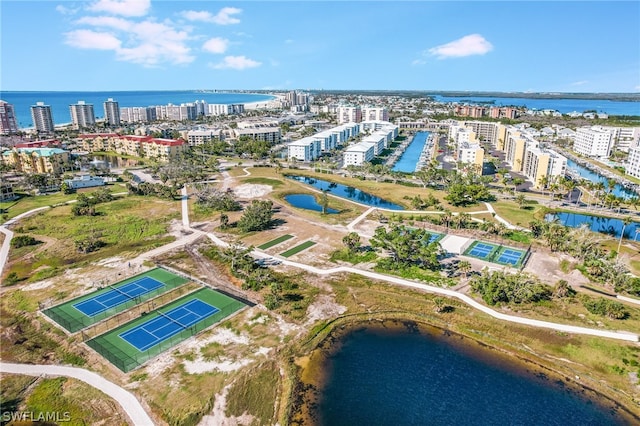 drone / aerial view with a water view