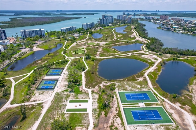 bird's eye view with a water view