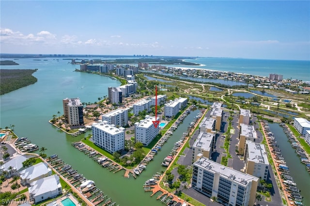 drone / aerial view featuring a water view