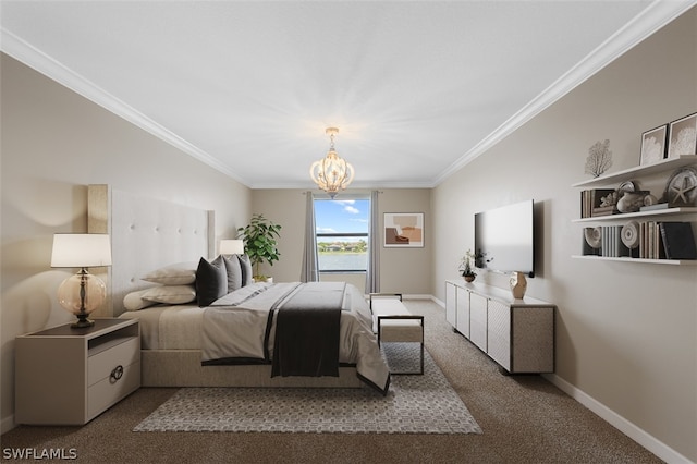 bedroom with carpet floors, a notable chandelier, baseboards, and crown molding