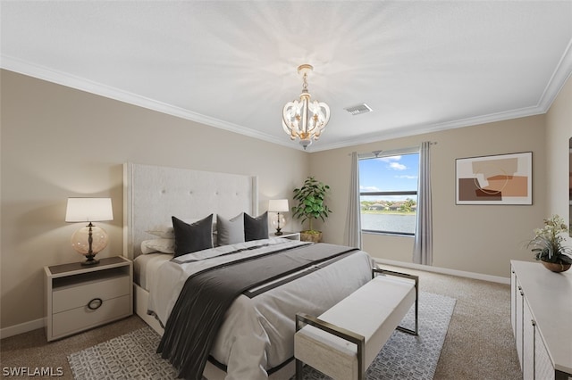 bedroom with carpet flooring, visible vents, crown molding, and baseboards