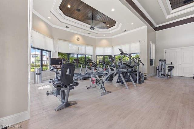 gym featuring ornamental molding, a tray ceiling, wood finished floors, and baseboards