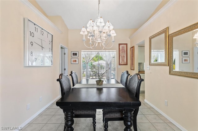 dining space with light tile patterned floors and a notable chandelier