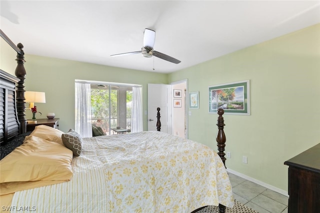 bedroom featuring ceiling fan, access to outside, and light tile patterned flooring