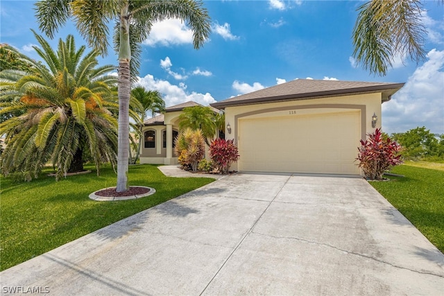 view of front of home with a garage and a front lawn