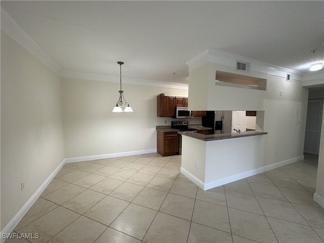 kitchen with crown molding, appliances with stainless steel finishes, decorative light fixtures, light tile patterned floors, and kitchen peninsula