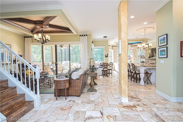 interior space with coffered ceiling, ceiling fan with notable chandelier, tile floors, ornamental molding, and beam ceiling