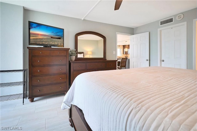 bedroom with ceiling fan and visible vents
