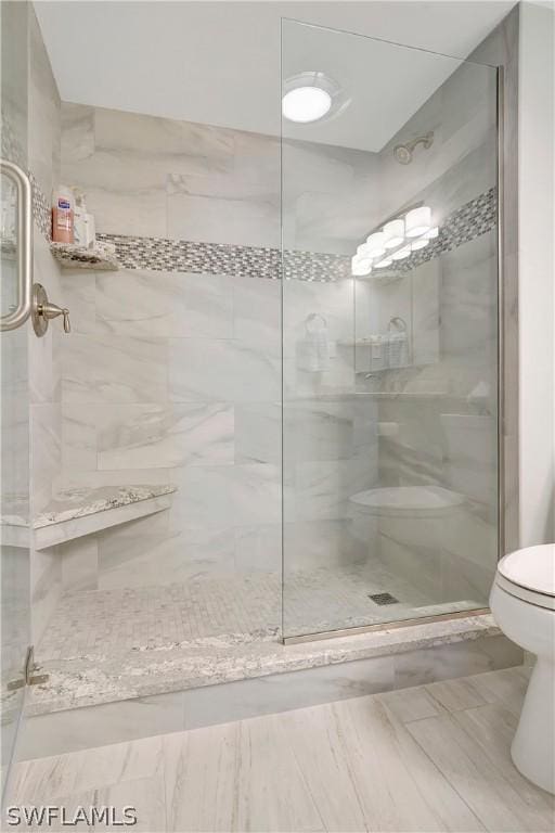 bathroom with toilet and a stall shower