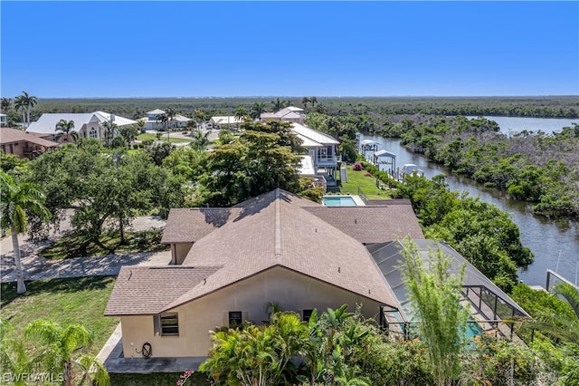 drone / aerial view featuring a water view